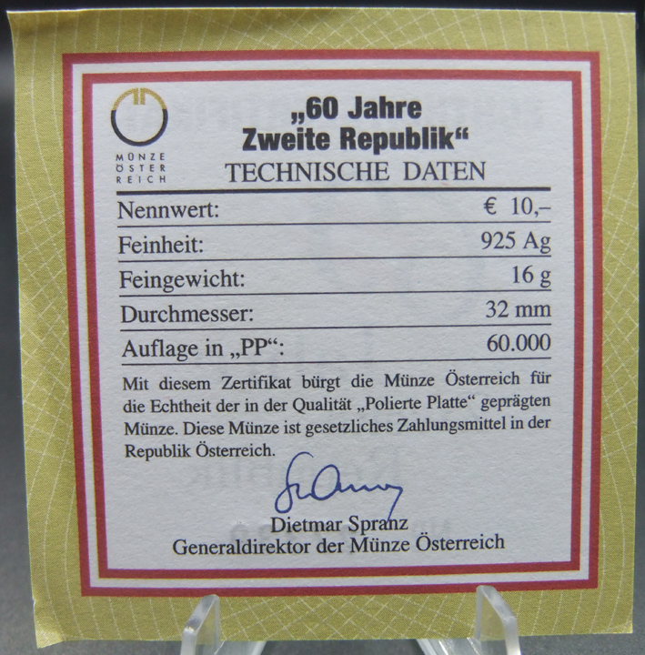 奥地利2005年第二共和国60周年10欧元精制纪